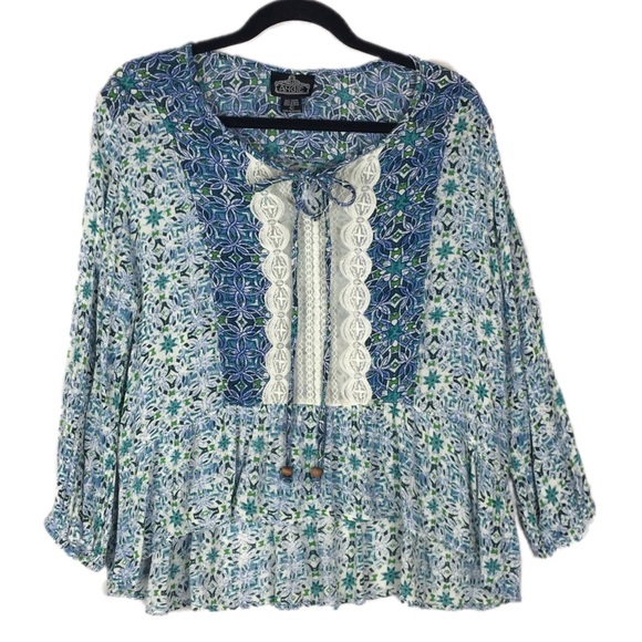 Angie Tops - Large Boho Blue White Floral Tie Ruffle Lace Top